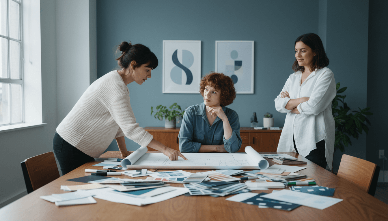 A team of women reviewing creative print mockups on a table