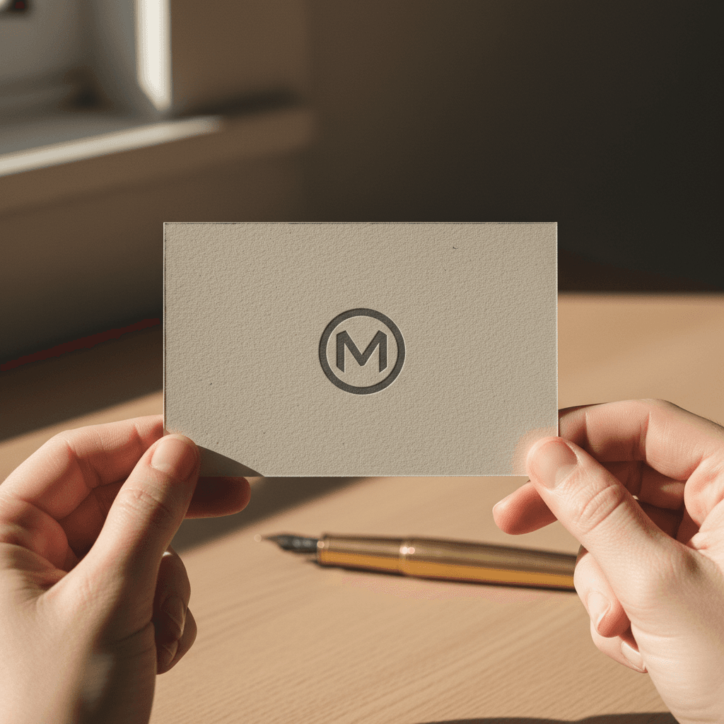 Close-up of a textured business card on a wooden desk
