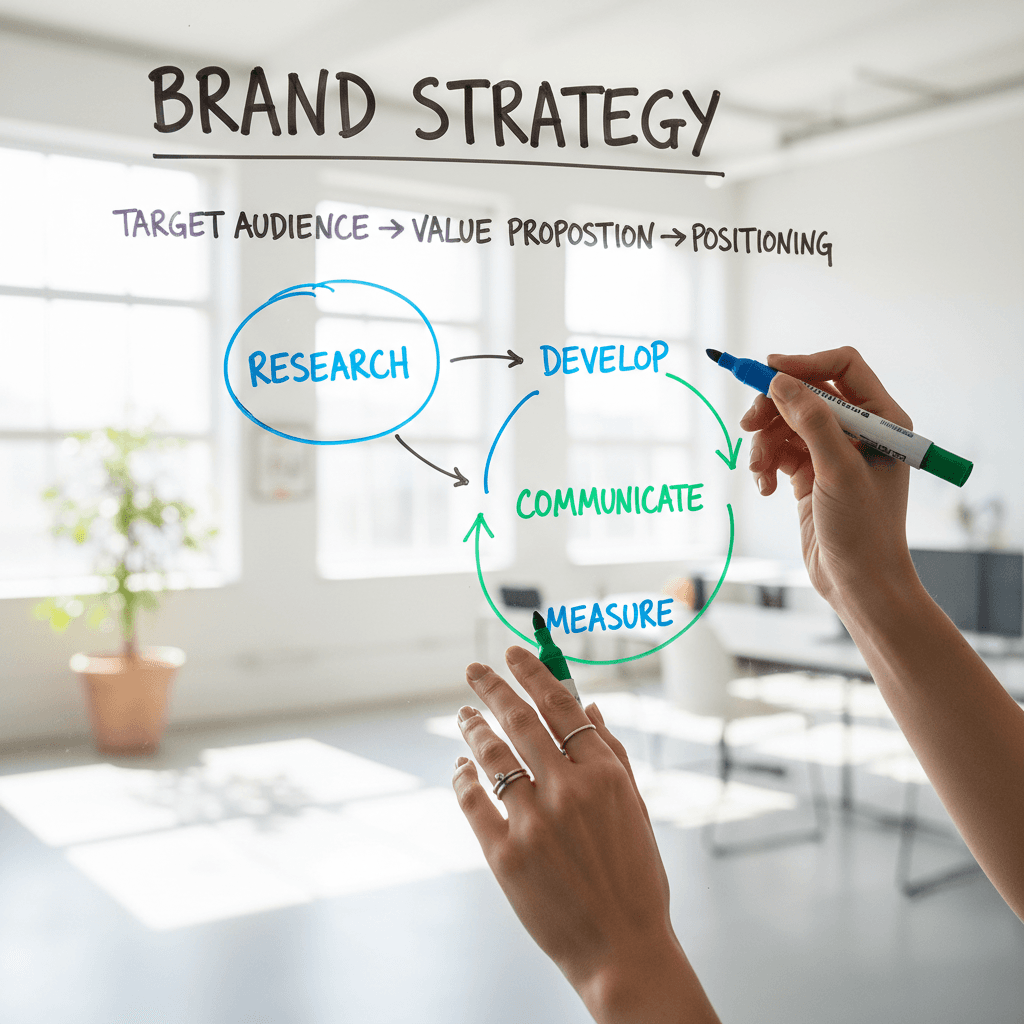 Strategic branding session on whiteboard