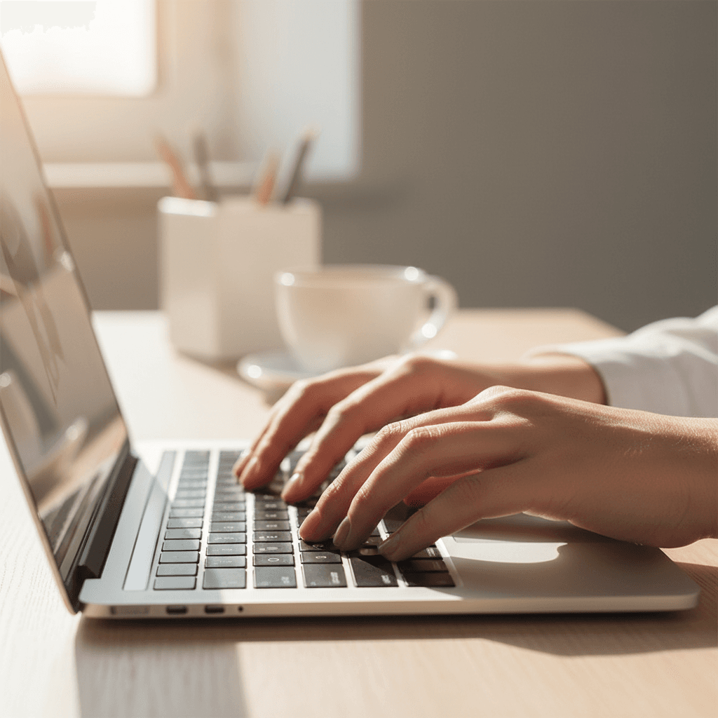 Hands typing on a keyboard in a cozy office