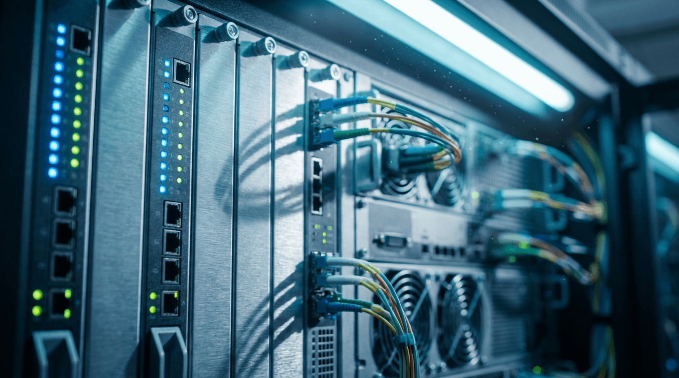 Server rack in a data center with blinking lights