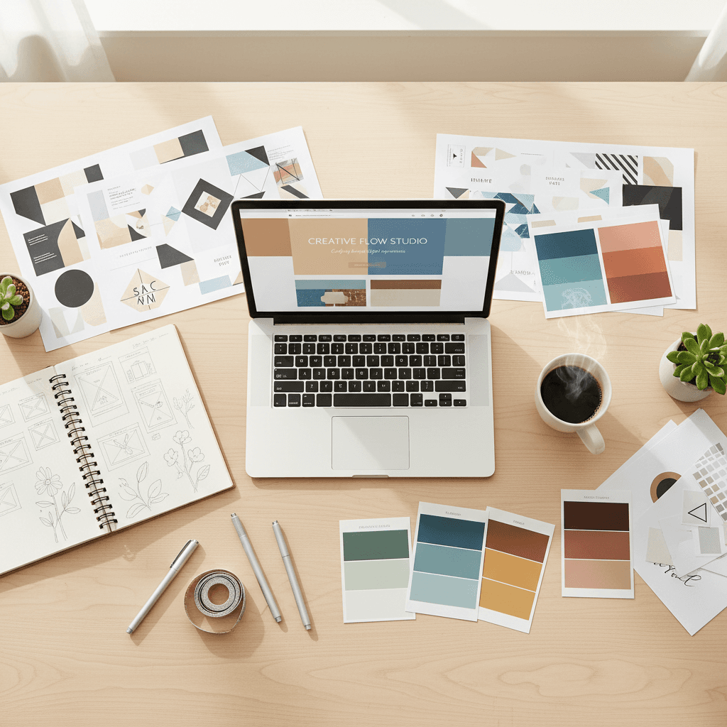 Brand style guide spread open on a wooden desk