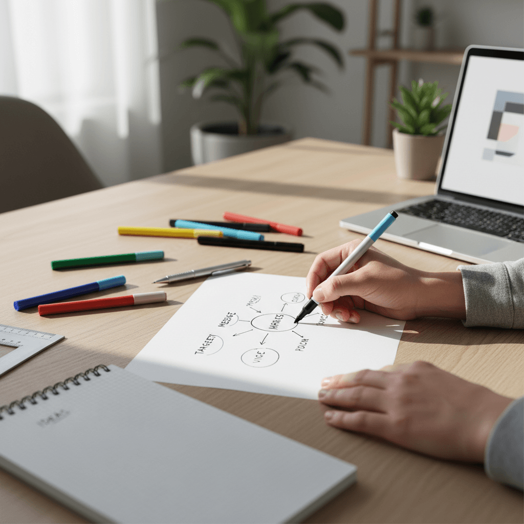 Hand sketching a strategic diagram on a whiteboard