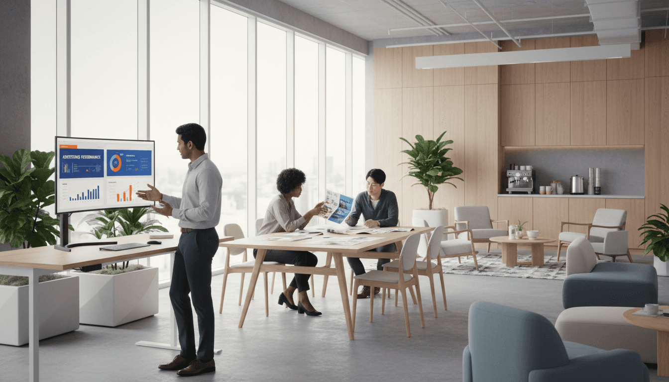Team reviewing marketing materials at a table