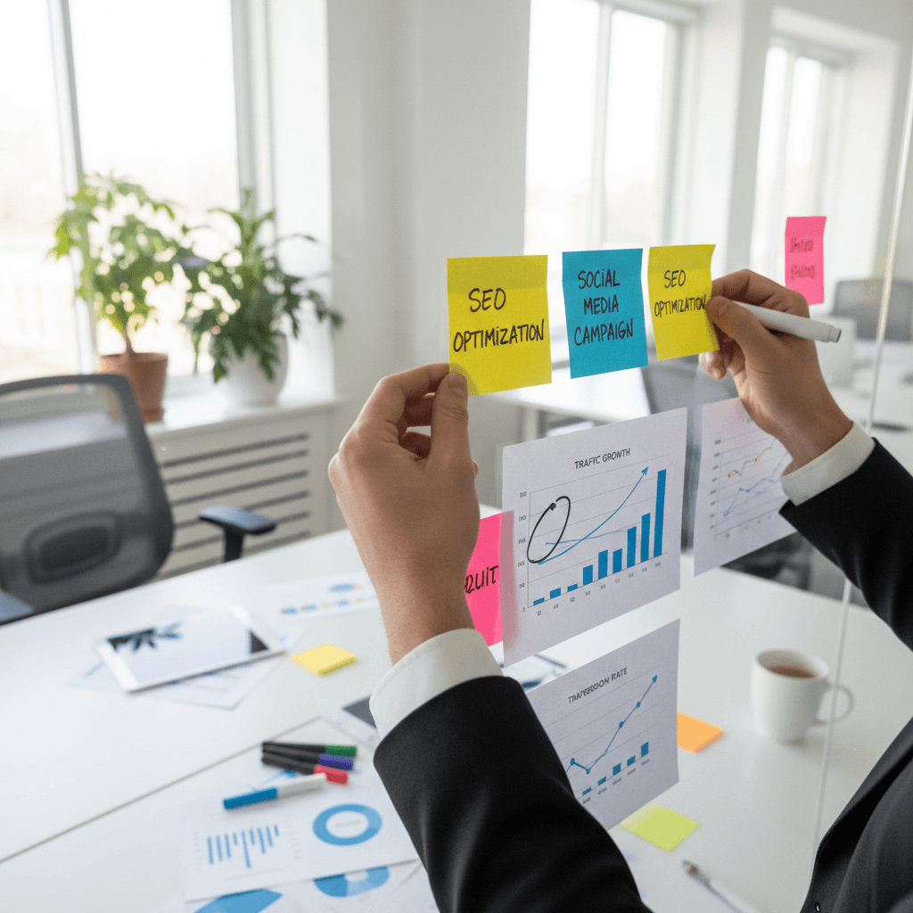 Marketing strategist at a whiteboard planning a brand campaign